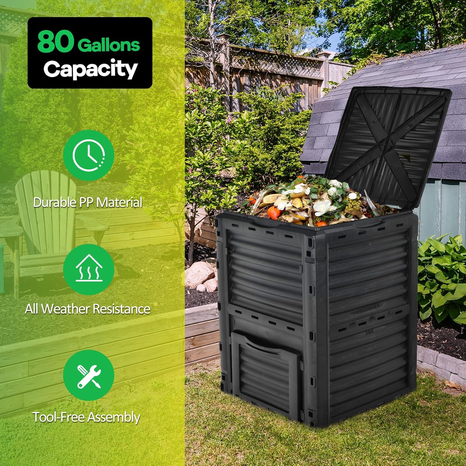 Goplus Compost Bin, 80 Gallon (300 L) Large Outdoor Composting Box w/Top Flip Latch-on Lid, Bottom Exit Door, BPA Free Material, Grass Food Trash Composter Barrel for Garden Yard (Black)