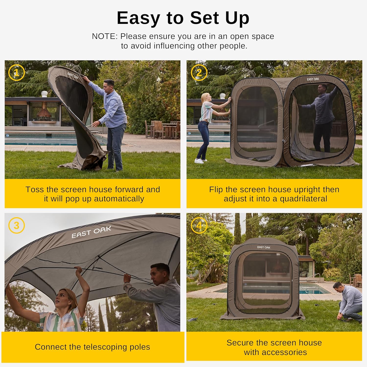 EAST OAK Screen House Tent Pop-Up, Portable Screen Room Canopy Instant Screen Tent 6 x 6 FT with Carry Bag for Patio, Backyard, Deck & Outdoor Activities, Brown