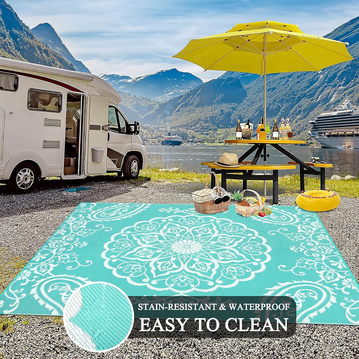 Pauwer Waterproof Outdoor Rug 8x10, Reversible Plastic Straw Patio Camping Rug, Indoor Outdoor RV Mat Carpet for Deck, Camper, Porch, Balcony, Backyard, Picnic, Boho Light Blue