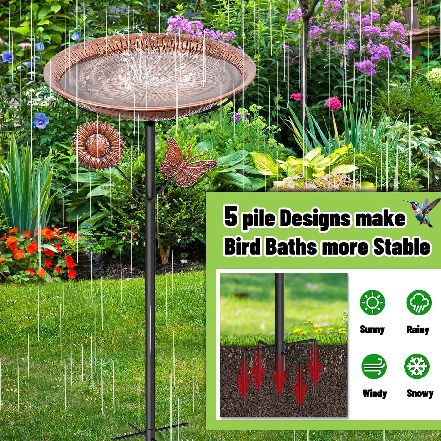 Metal Bird Bath for Outside, Vintage Birdbaths Removable Feeder Bowl with Butterfly Flower, Easy to Clean Birdfeeder for Outdoors Garden Yard Lawn Decor