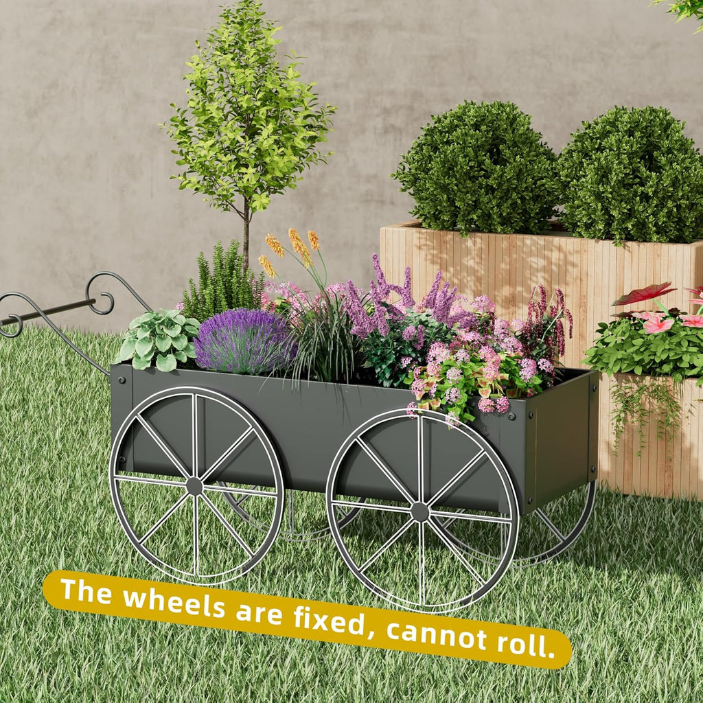 Metal Raised Garden Bed with Wagon Wheels, Small Wagon Planter Box Outdoor, Decorative Garden Planter Flower Cart for Flowers Herbs Vegetables, Patio and Balcony Decor (Black)