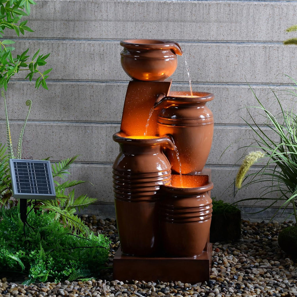 Teamson Home 28.7" 4-Tier Cascading Bowl Solar Powered Water Fountain for Outdoor Living Spaces, Terracotta