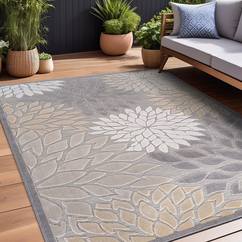 Beverly Rug Outdoor Rug 10x14 Large Modern Floral Tropical Area Rugs for Indoor and Outdoor Patio Easy to Clean Non Shedding Living Room Porch Garden Washable Outside Carpet (10 x 14 Gray)