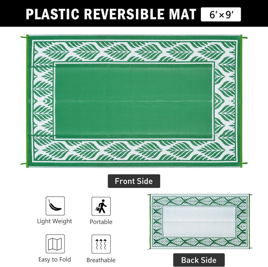 Outdoor Plastic Rug 6'x9' Waterproof Camping Carpet Outside Area Rug Reversible Green Rugs for RV Deck Entryance Porch Picnic Balcony Beach