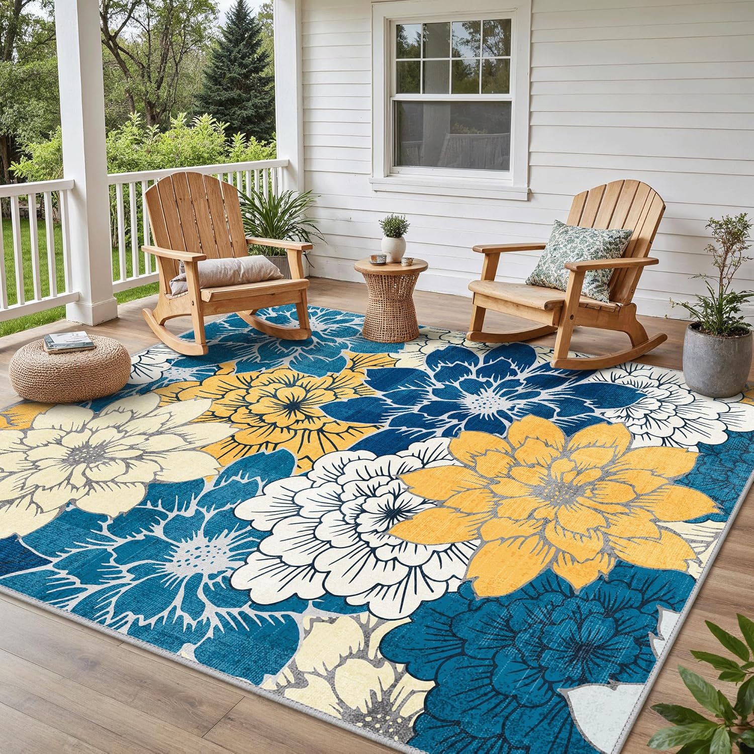 GENIMO Indoor Outdoor Area Rug 8' X 10' Waterproof, Washable Patio Rug Non Shedding, Easy Cleaning Floral Outdoor Carpet for Living Room, Bedroom, Dining Room, Balcony, Backyard, Deck, RV, Blue