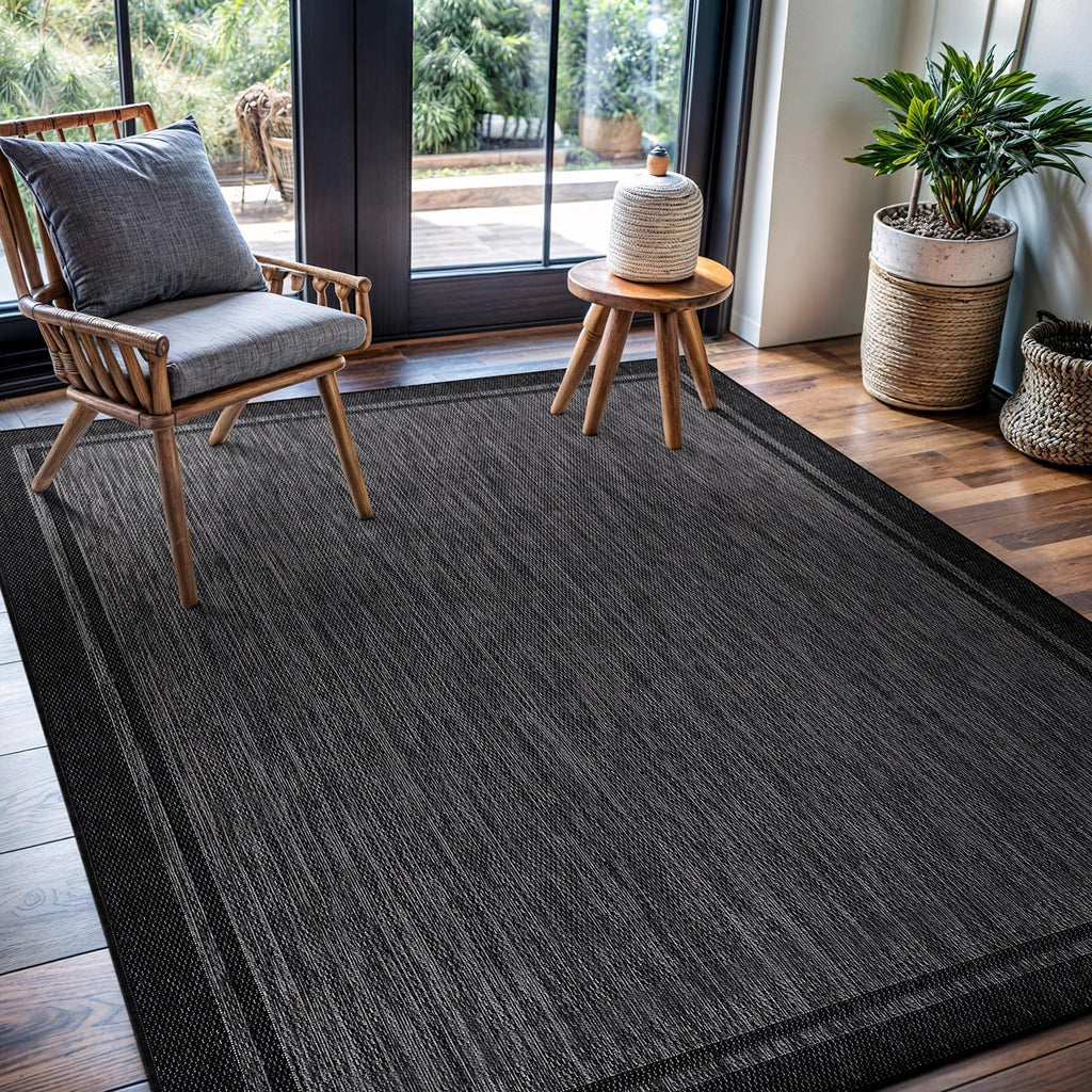 CAMILSON Indoor Outdoor Rug, 6x9 Bordered Dark Grey Black Modern Area Rugs for Indoor and Outdoor Patios, Kitchen and Hallway Mats, Washable Porch Deck Outside Carpet (Bordered Black, 6 x 9)