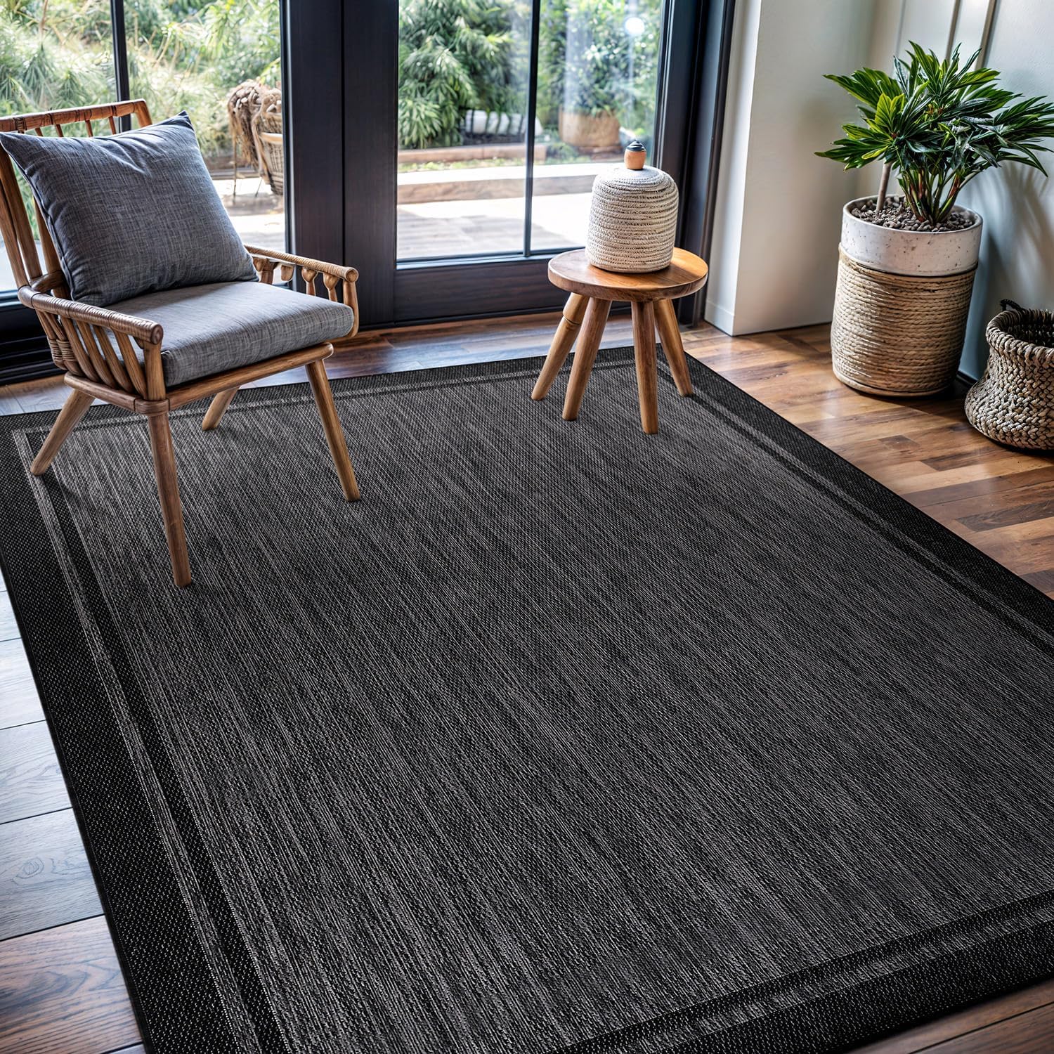 CAMILSON Indoor Outdoor Rug, 6x9 Bordered Dark Grey Black Modern Area Rugs for Indoor and Outdoor Patios, Kitchen and Hallway Mats, Washable Porch Deck Outside Carpet (Bordered Black, 6 x 9)