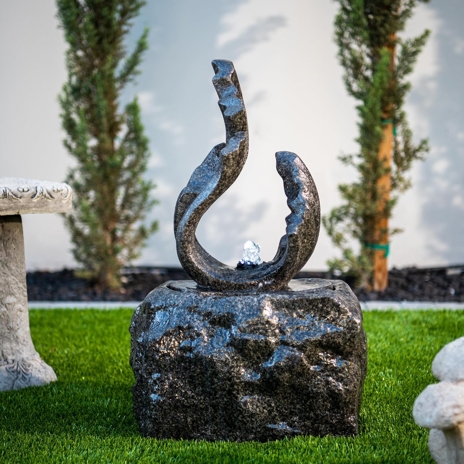 XBrand 25 in H Stone-Look Sculptural Modern Freestanding Fiber Resin Outdoor Garden Fountain w/LED Light, Black