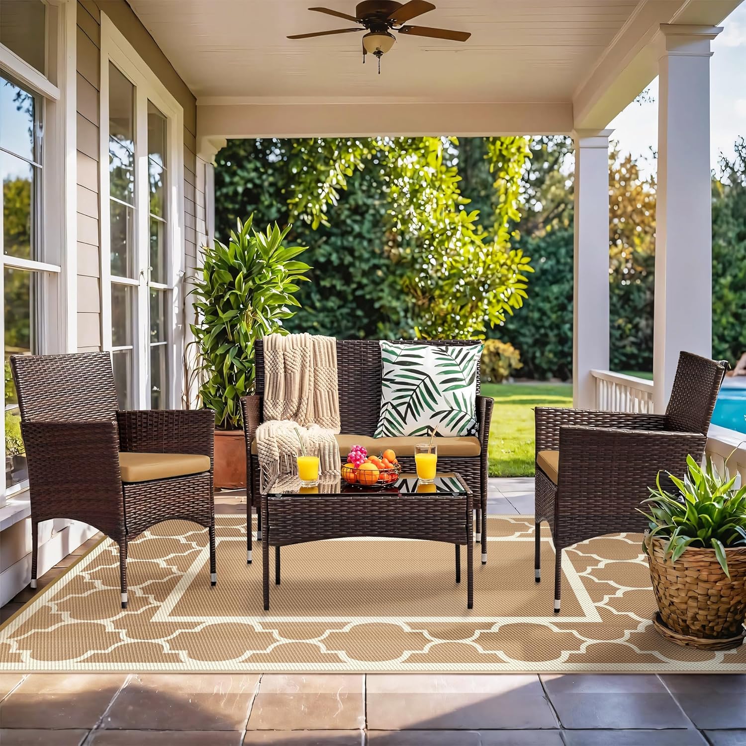 GENIMO 9' x 12' Outdoor Rug for Patio Clearance, Waterproof Indoor Outdoor Plastic Straw Rugs Carpet, Reversible Outside Area Rv Mat for Camping, Balcony Porch, Deck, Picnic, Beach (Brown & Beige)