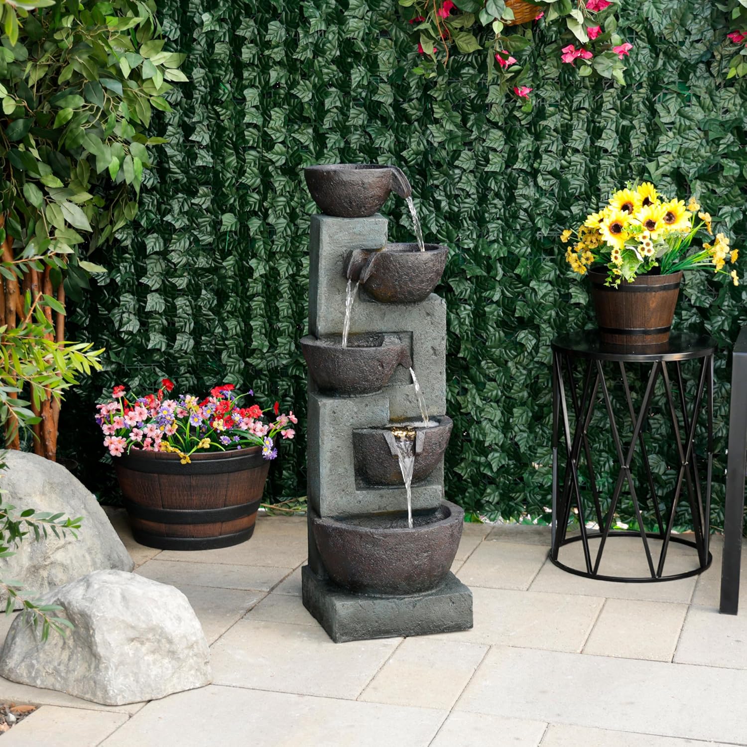 Alpine Corporation TZL390 Elegant Outdoor 5 Tier Bowls Waterfall Fountain with LED Lights for Garden, Patio, Yard, and Outdoor Spaces, Relaxing Cascading Fountain, 39" H, Gray