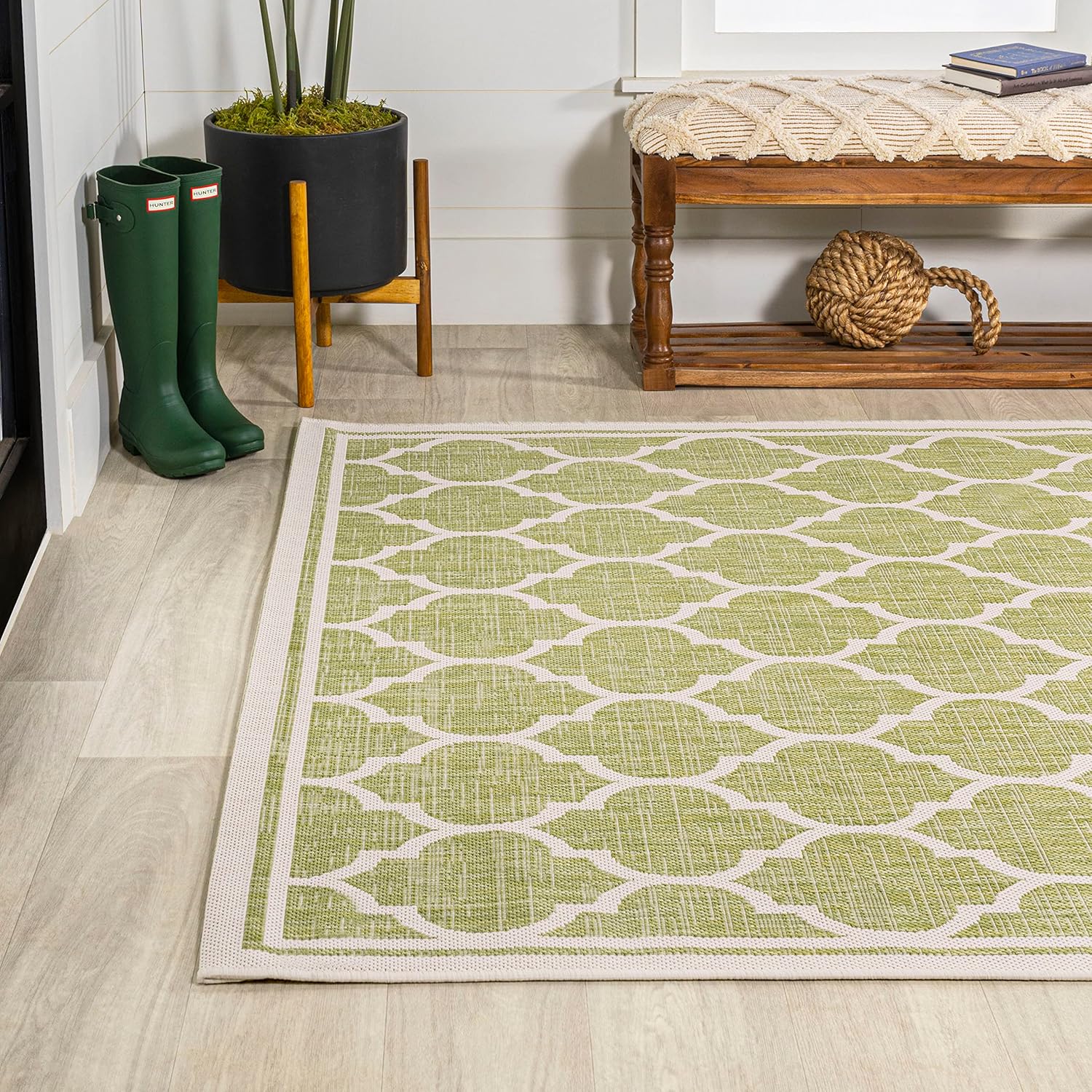 Eyely BMS109G-8 Santa Monica Trebol Moroccan Trellis Textured Weave Indoor/Outdoor Area Rug Coastal;Bohemian, Bedroom, Backyard, Patio, Easy-Cleaning, Non-Shedding, 8 X 10, Green/Cream