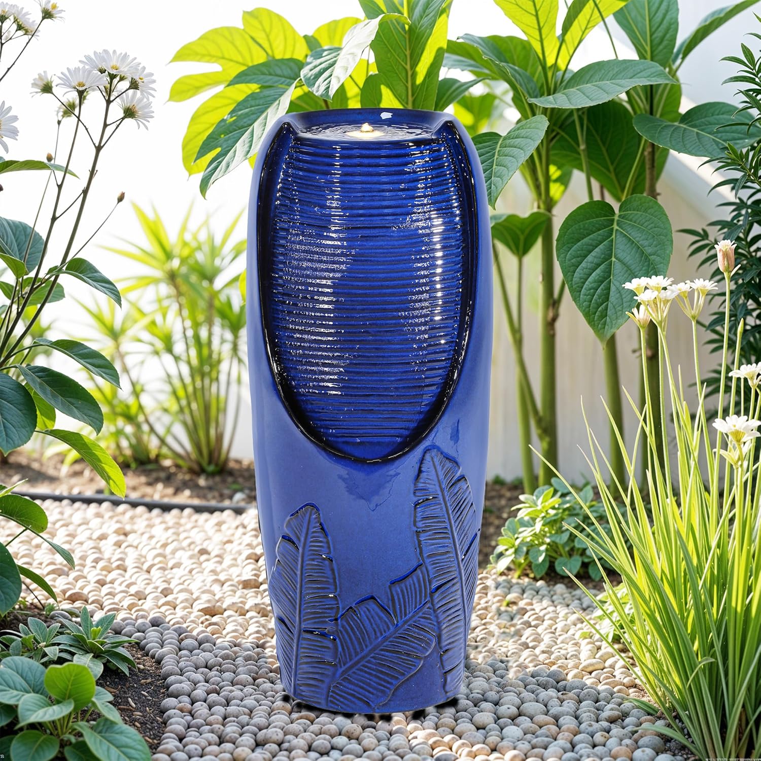 33" H Outdoor Garden Fountain with LED Lights, Modern Ceramic Jar Water Fountain, 3D Tropical Leaf Pattern, Cobalt Blue Glaze, Soothing Cascading Waterfall for Relaxing Patio, Yard, Porch