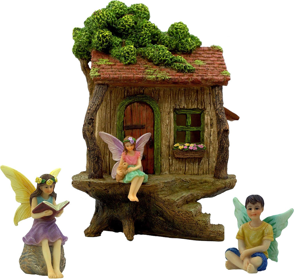 PRETMANNS Fairy House Kit - Fairy Garden Accessories for Outdoor Miniature Village Decor, with Three Fairies - House, 9’ High & Door can Open Wide - 4 Piece Supplies