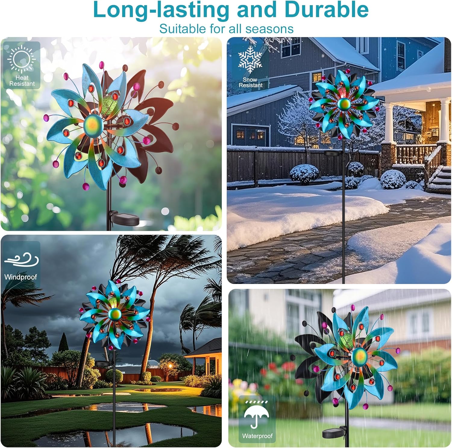 Solar Wind Spinners Outdoor - 58.8 inch Large Metal Kinetic Art Wind Sculptures Solar-Powered Multi-Color Lights Glass Ball with 360° Swivel Waterproof Windmill for Yard Garden Patio Lawn Decor