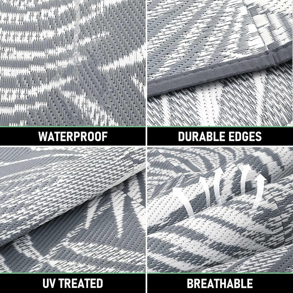 Outdoor Rug 10'x8' Waterproof for Patios Clearance, Reversible Outdoor Plastic Straw Rug Camping Carpet, Outside Floor Mats Large Area Rugs for RV,Patio,Deck,Porch,Beach,Balcony,Grey&White