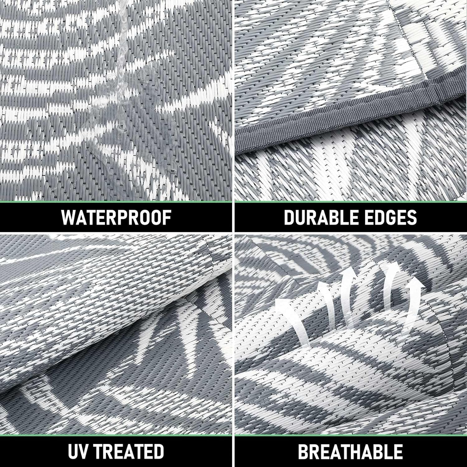 Outdoor Rug 10'x8' Waterproof for Patios Clearance, Reversible Outdoor Plastic Straw Rug Camping Carpet, Outside Floor Mats Large Area Rugs for RV,Patio,Deck,Porch,Beach,Balcony,Grey&White