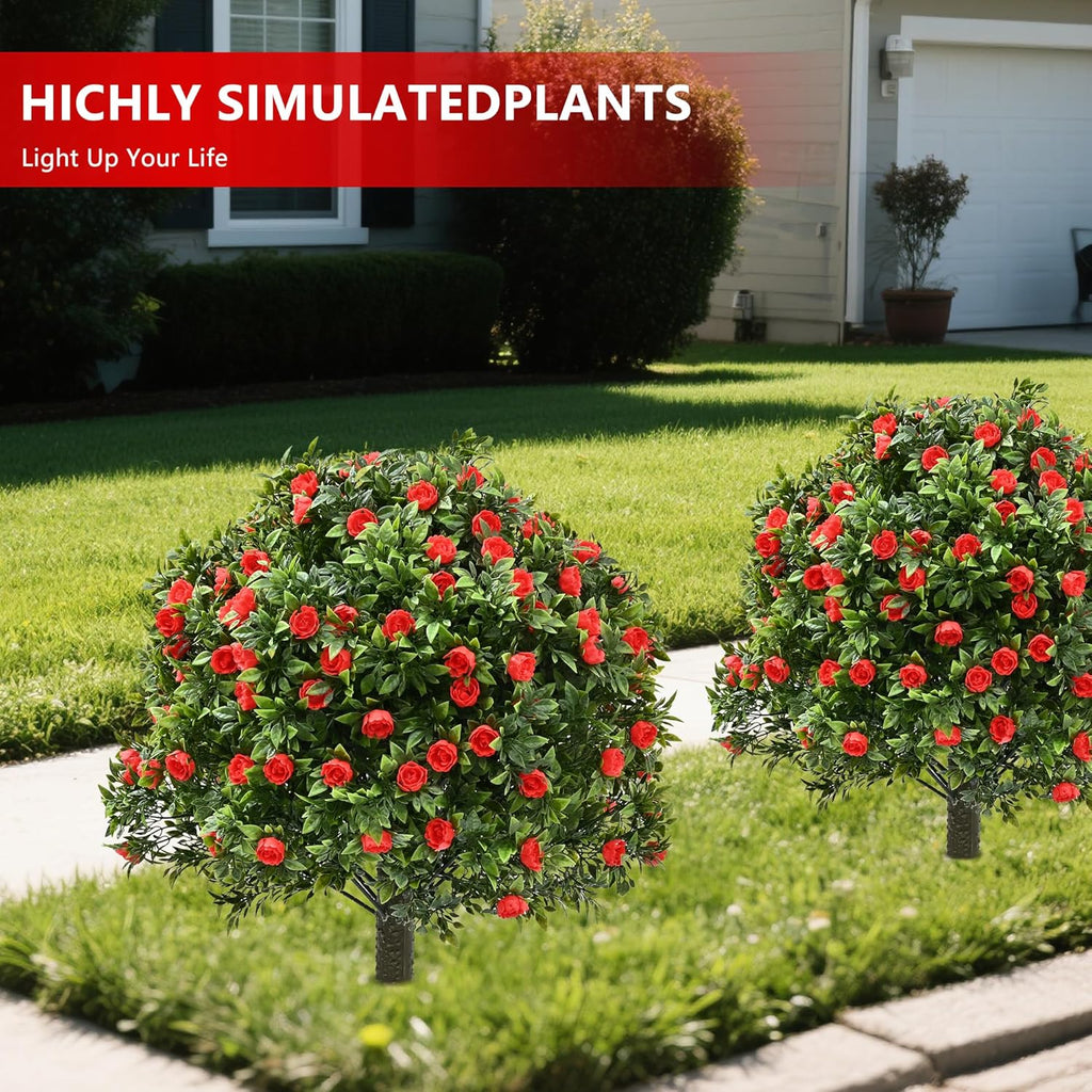 28" Artificial Boxwood Topiary Tree with Rose, Set of 2 Artificial Shrub Bushes with Ground Spike, Fake Evergreen Tree for Porch, Artificial Plants for Outdoor Planters Indoor UV Resistant
