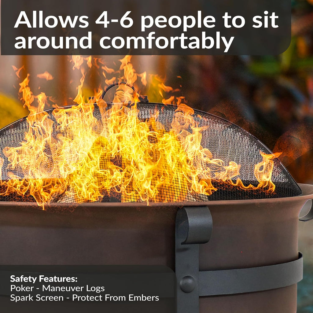 Sunnydaze 29-Inch Wood-Burning Outdoor Fire Pit - Bronze Cauldron Wood Fire Pit for Outside - Includes Poker and Spark Screen