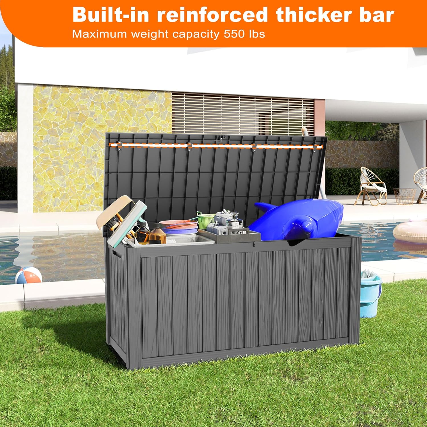 150 Gallon Deck Box,Resin Outdoor Storage Box with Lockable for Patio Furniture, Pool Accessories, Garden Tools Waterproof Outside Storage Box, Black