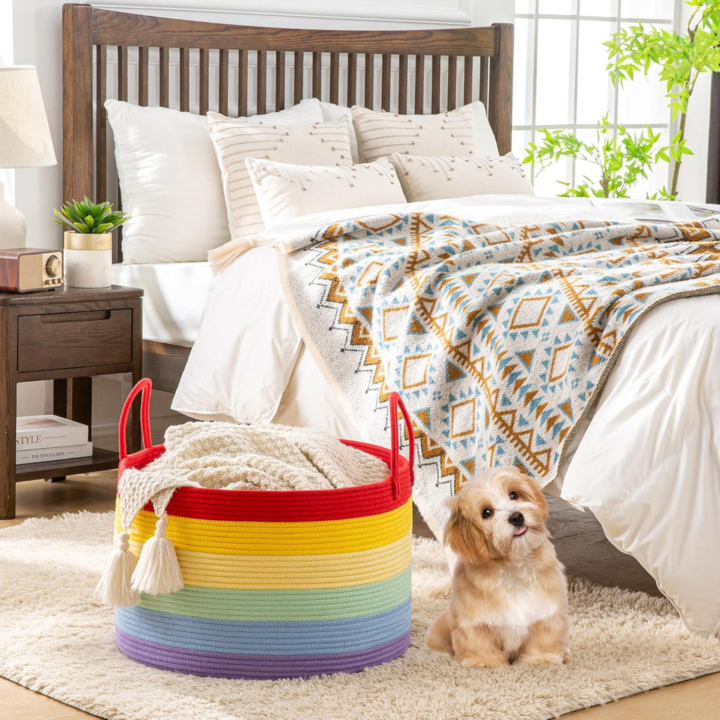 KAKAMAY Large Blanket Basket (20"x13"),Woven Baskets for storage Baby Laundry Hamper, Cotton Rope Blanket Basket for Living Room, Laundry, Nursery, Pillows, Baby Toy chest (Rainbow)