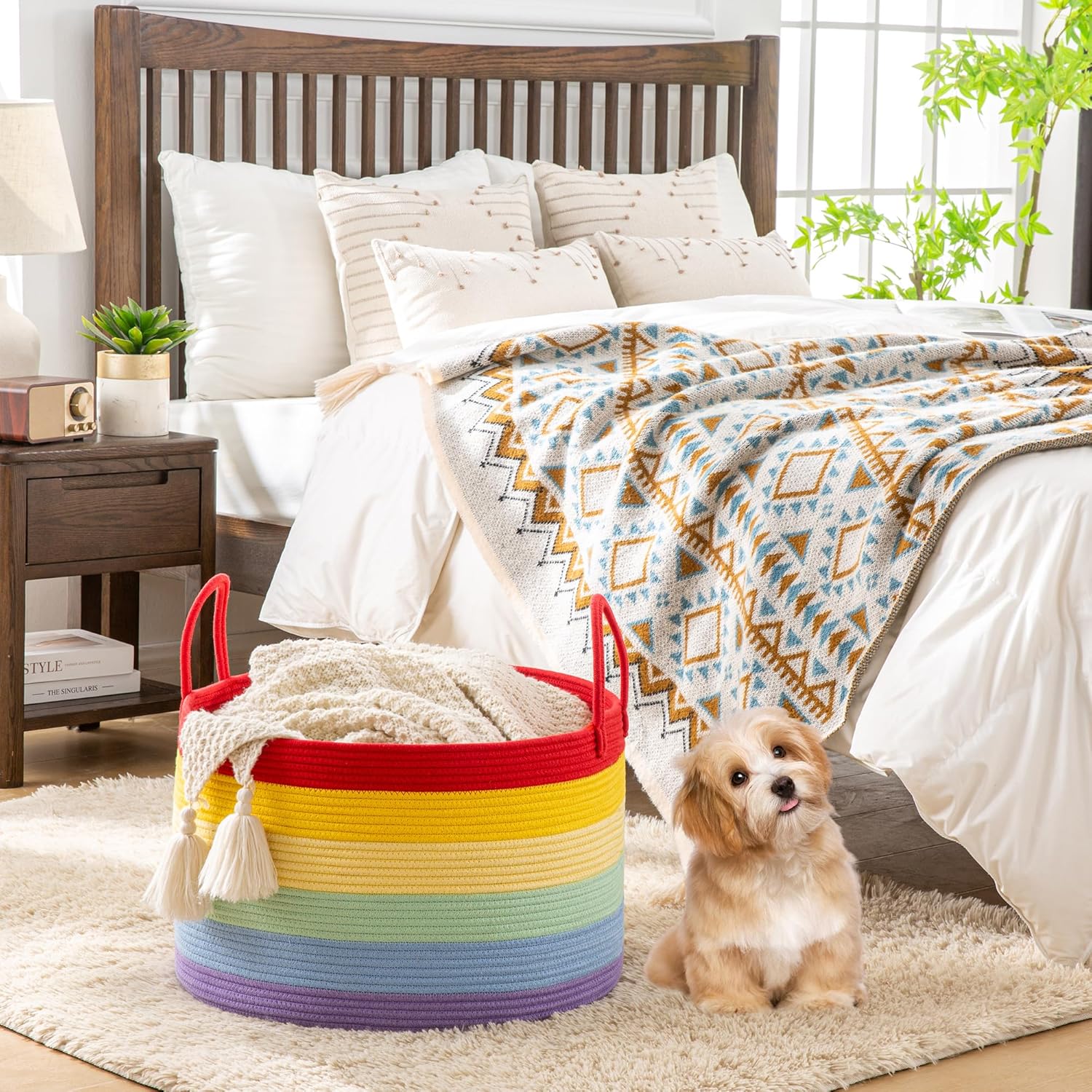 KAKAMAY Large Blanket Basket (20"x13"),Woven Baskets for storage Baby Laundry Hamper, Cotton Rope Blanket Basket for Living Room, Laundry, Nursery, Pillows, Baby Toy chest (Rainbow)