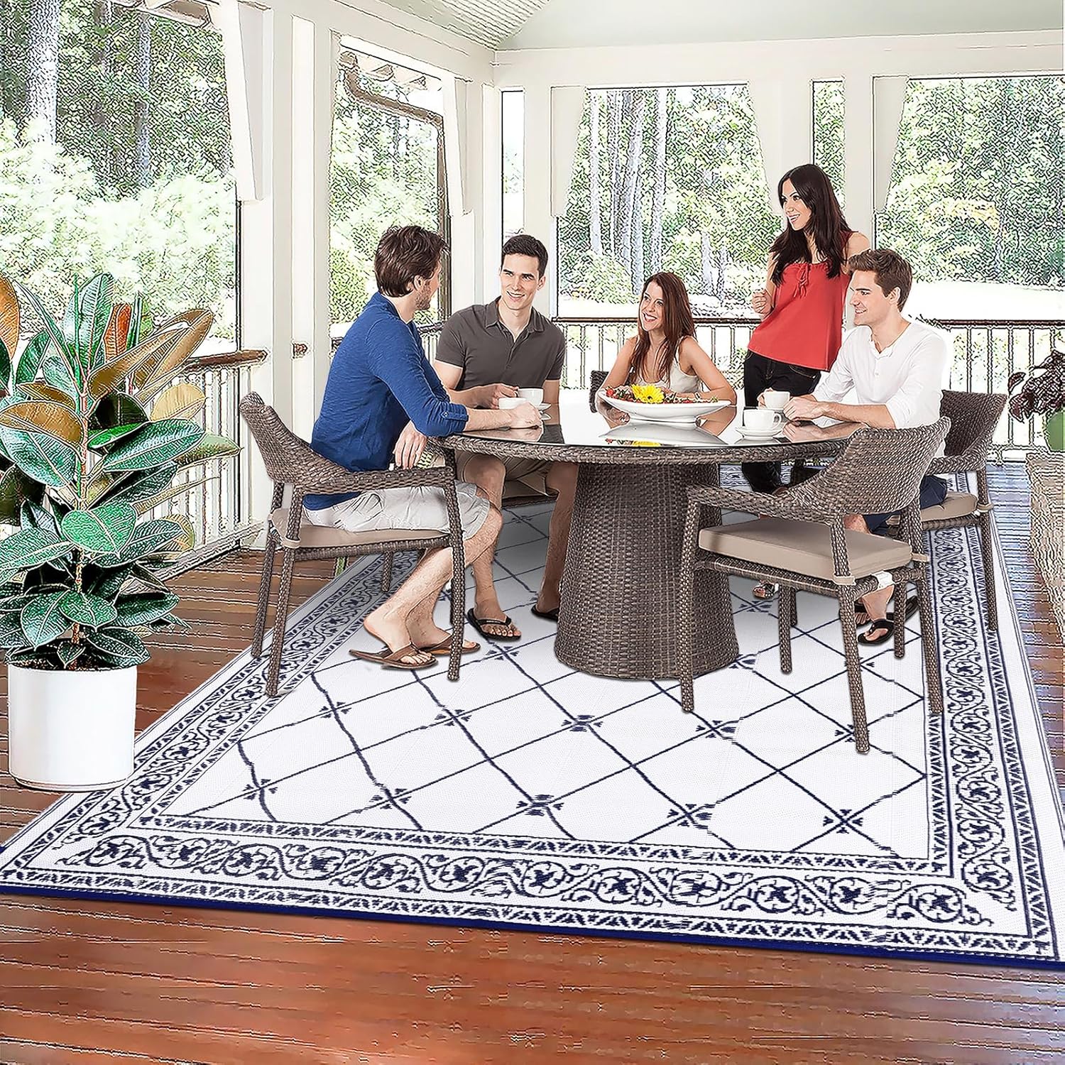 Outdoor Rug 8'x10' for Patios Waterproof Patio Rugs Outdoor Mats for Front Porch,Beach Mat,Reversible Plastic Straw Camping Rugs for Outside RV,Deck,Balcony,Backyard Navy Blue