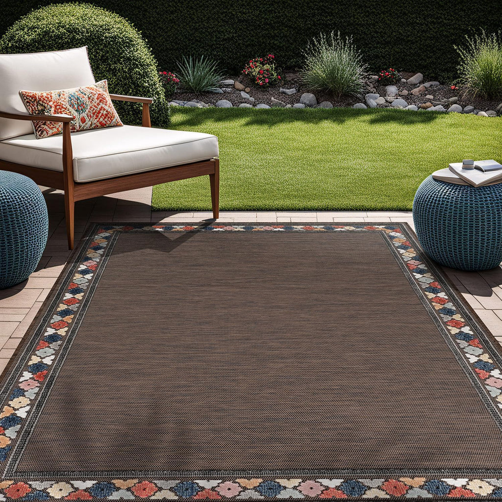 Beverly Rug Outdoor Rug 5x7 Modern Bordered Area Rugs for Indoor and Outdoor Patio Easy to Clean Non Shedding Living Room Porch Garden Washable Outside Carpet (5 x 7 Brown)