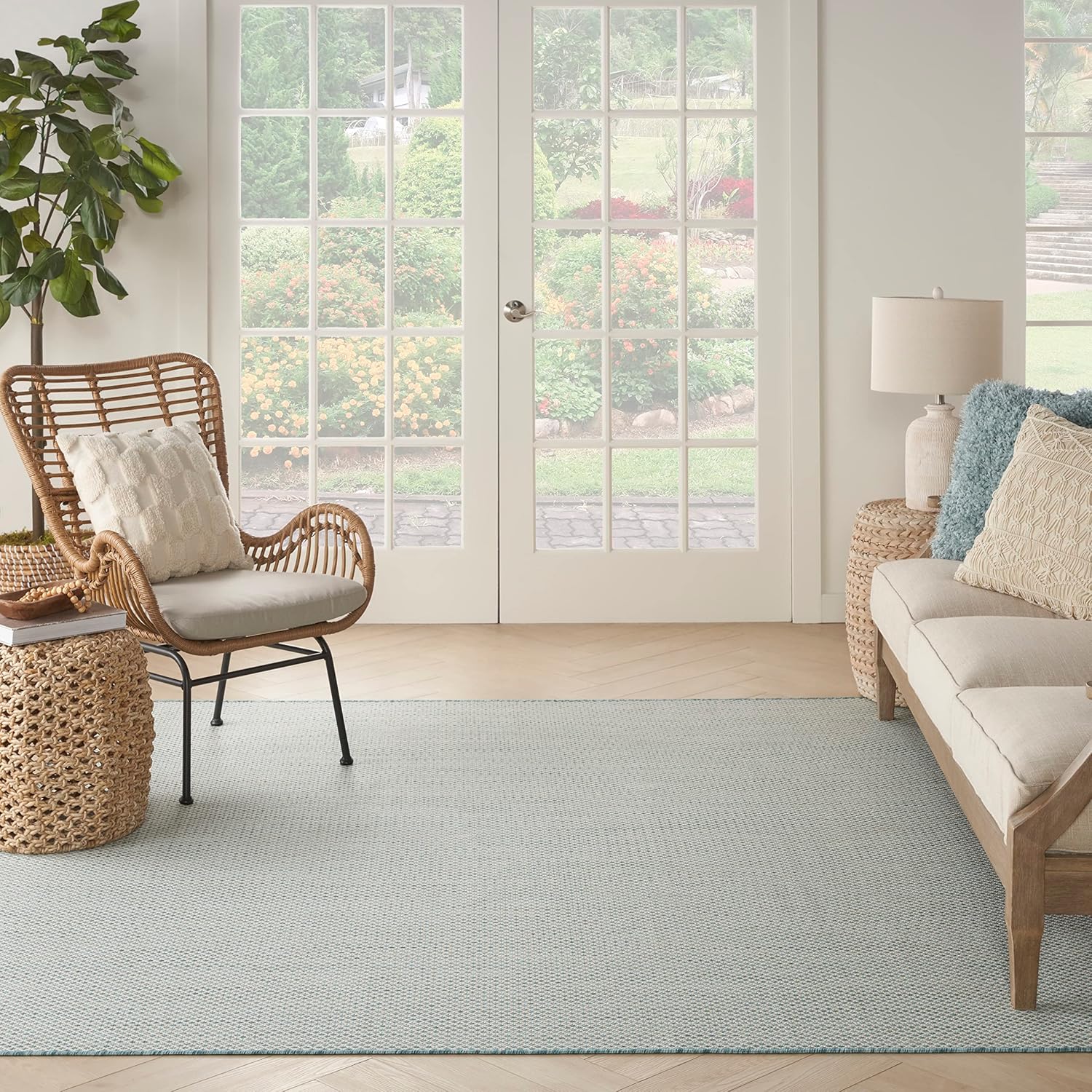 Nourison Home Courtyard Indoor/Outdoor Ivory/Aqua 8' x Square Area Rug, Easy Clean, Non Shedding, Bed Room, Living Room, Dining Room, Backyard, Deck, Patio (8 Square)