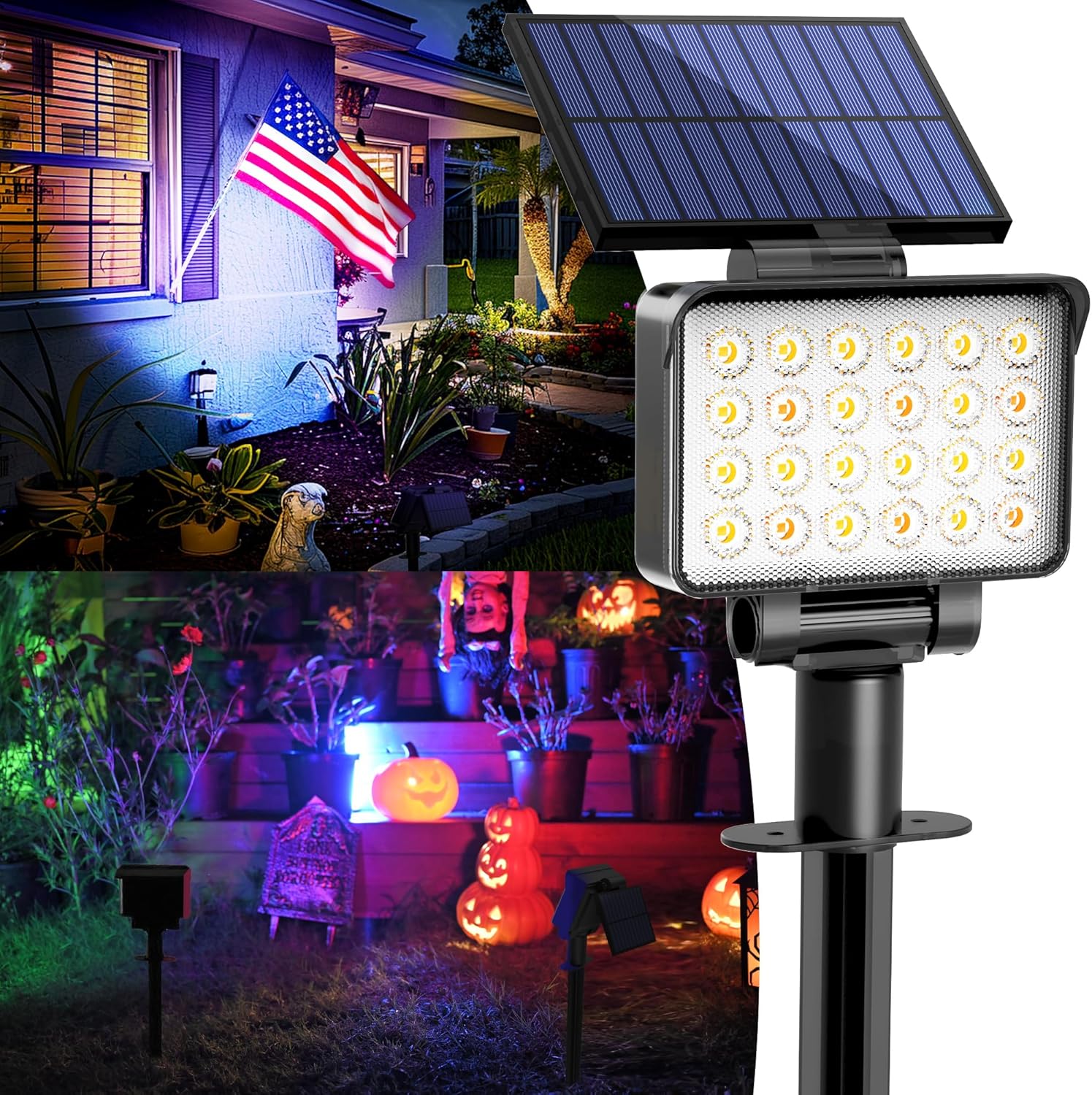 Color Changing Solar Spot Lights Outdoor Waterproof for Flag, Tree, House, Garden, Yard, Landscape Spotlights for Accent Uplighting Halloween Christmas Decorations-6 Pack