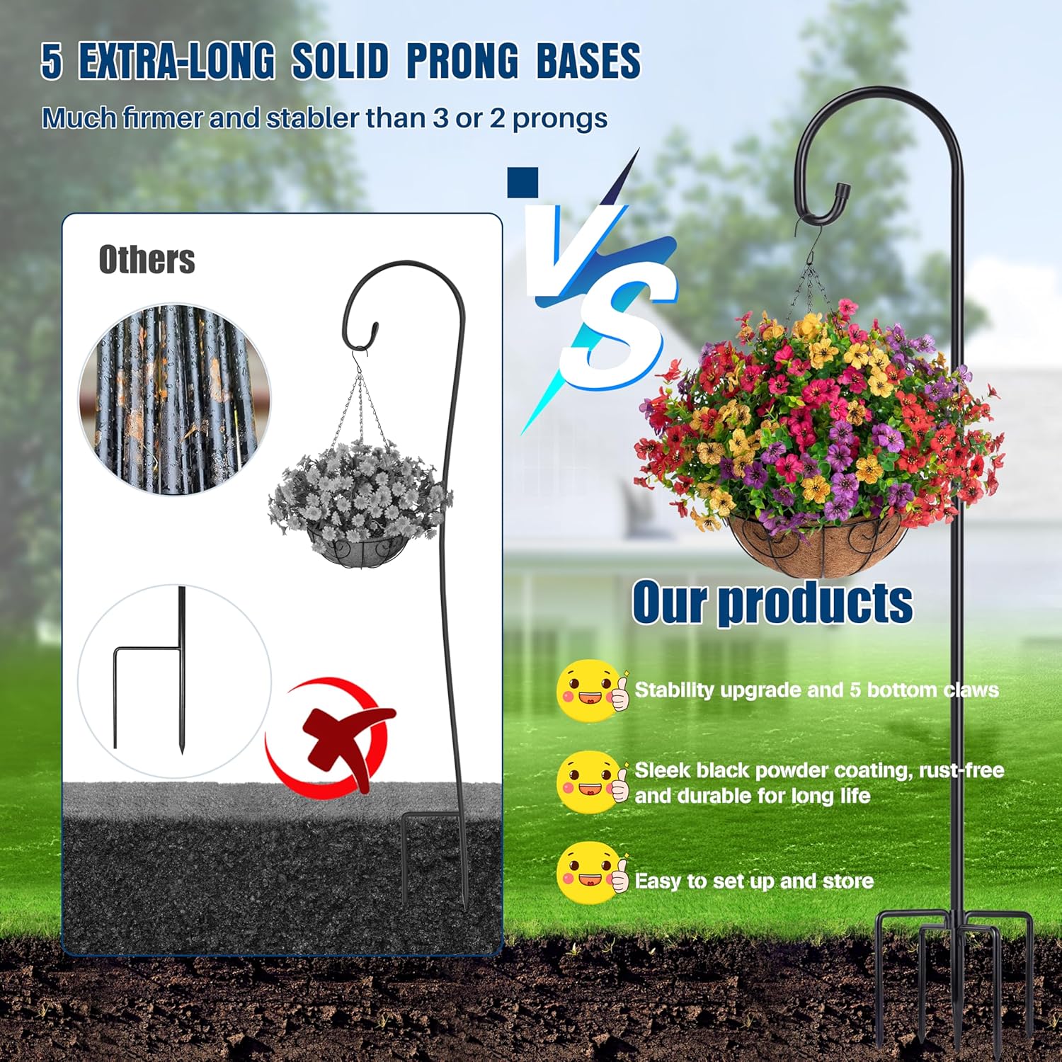 Ottsuls Bird Feeder Pole, 45 INCH Heavy Duty Shepherds Hooks for Outdoor with 5 Prong Base, Adjustable Stand Hanger for Garden Plant, Hummingbird Feeder, Lantern, Hanging Wedding Decor (2 Pack)