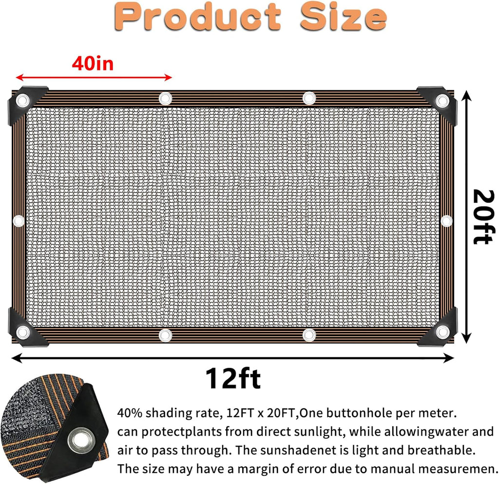 12'x20' Shade Cloth -for Garden Plants,40% Sunblock Shade Neting for Outdoor Greenhouse Patio Lawn Plant Sun Shade Cloths for Kennel Chicken Coop Easier to Hang Shade Net Cover