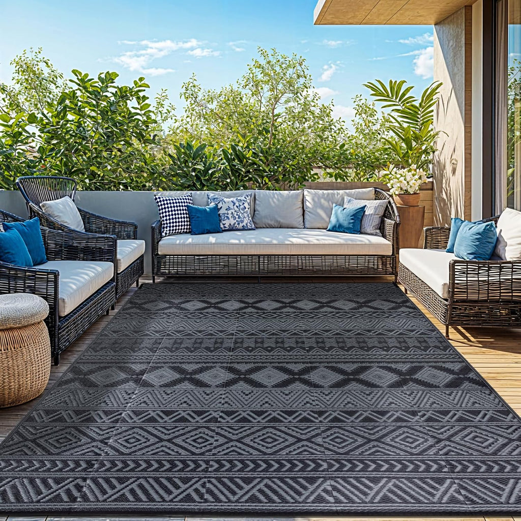 8'x10' Reversible Outdoor Rug - Eco-Friendly Plastic Straw Rug-Heavy-Duty Waterproof Mat, UV & Fade Resistant for Patio, Camping, RV, Deck, Balcony(8x10,Black&Gray)
