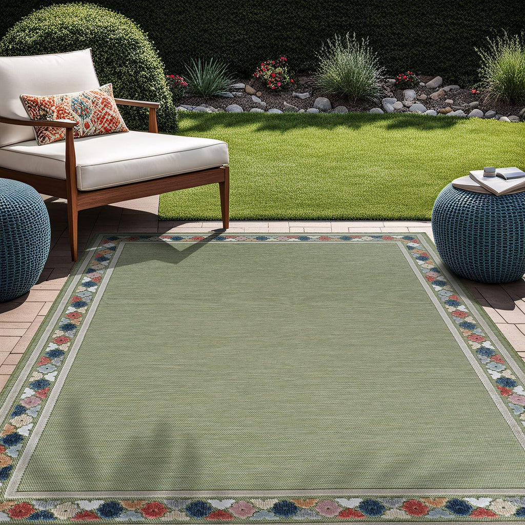 Beverly Rug Outdoor Rug 10x14 Modern Bordered Large Area Rugs for Indoor and Outdoor Patio Easy to Clean Non Shedding Living Room Porch Garden Washable Outside Carpet (10 x 14 Green)