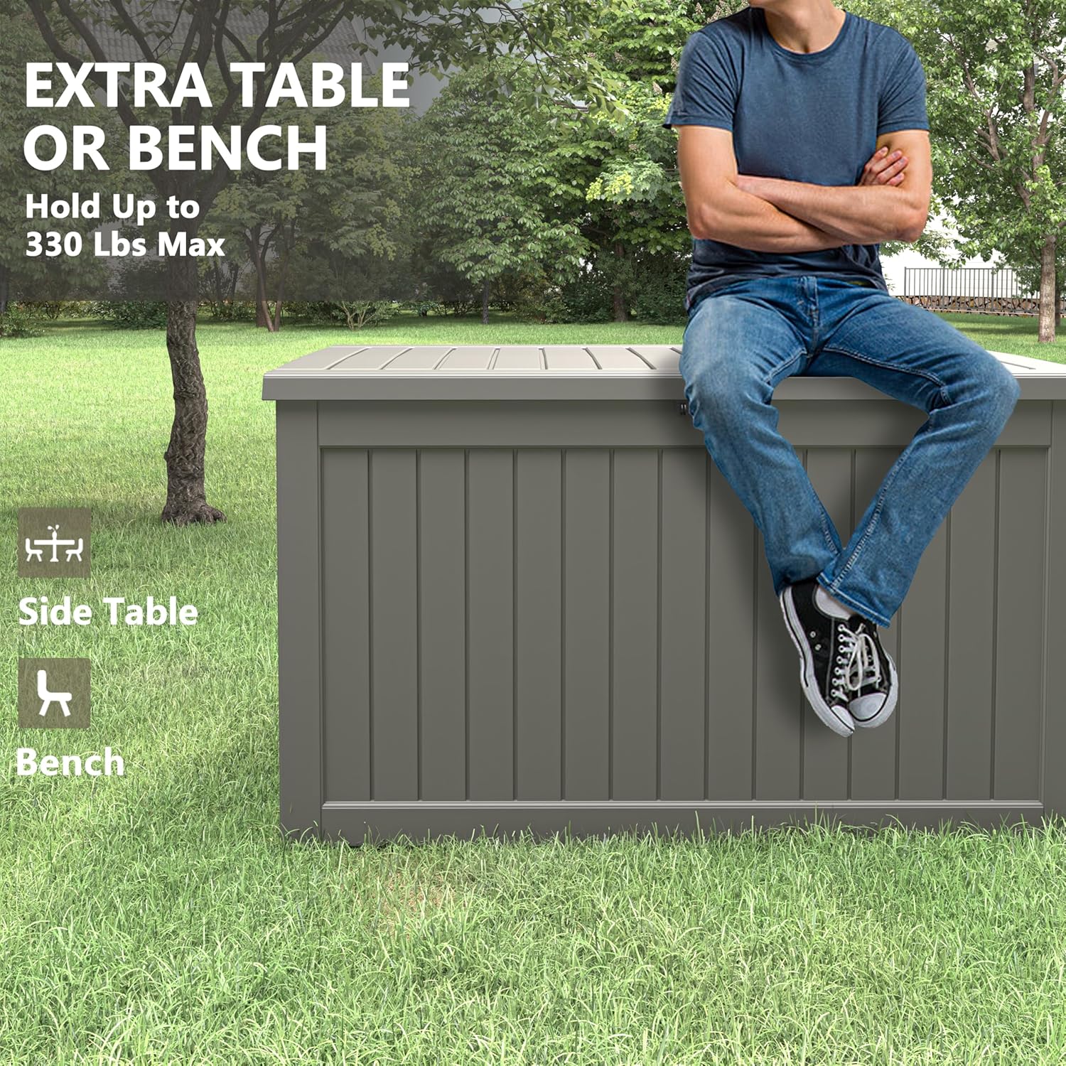 KAMABOKO 230 Gallon Outdoor Storage Box, Resin Deck Boxes Indoor and outdoor, Waterproof Storage Box Lockable Lid for Garden Tools, Package Delivery, Patio Cushions, Grey