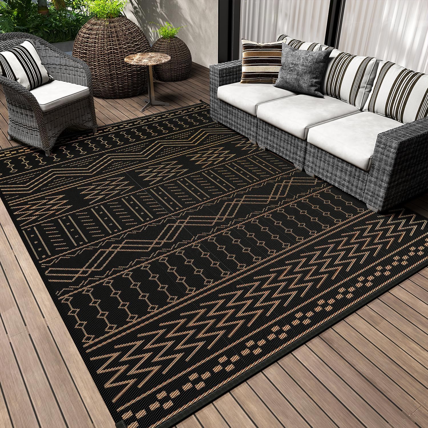 Outdoor Rug Carpet Waterproof 8x10 ft Patio Rug Mat Indoor Outdoor Area Rug for RV Camping Picnic Reversible Lightweight Plastic Straw Outside Rug for Patio Decor Decoration Boho Rug Black Brown