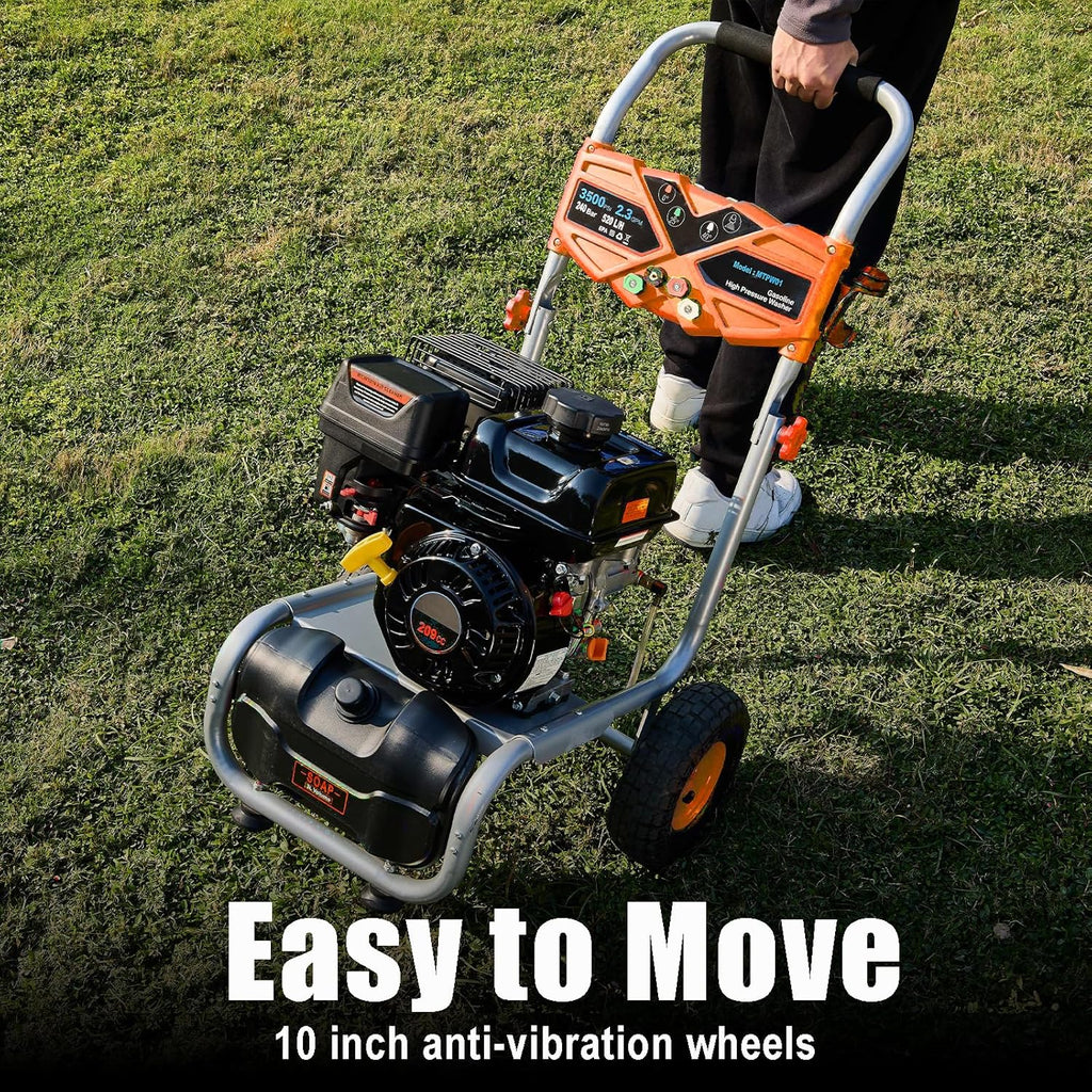 3500 PSI Gas Pressure Washer, 2.3 GPM Heavy-Duty High-Power Cleaner with 209CC 7HP Engine, 25Ft Hose, Axial Aluminum Pump, Soap Tank & 4 Quick-Connect Adjustable Nozzles (Orange)