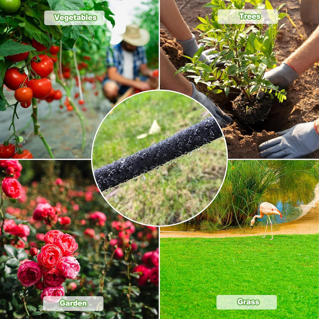 Customizable Soaker Hose System, 1/2inch 50ft Rubber Hose with 25ft PVC Garden Hose, Drip Irrigation Watering Hose with Reinforced Fittings for Flowers Bed Foundation, Lawn, Vegetable, Tree