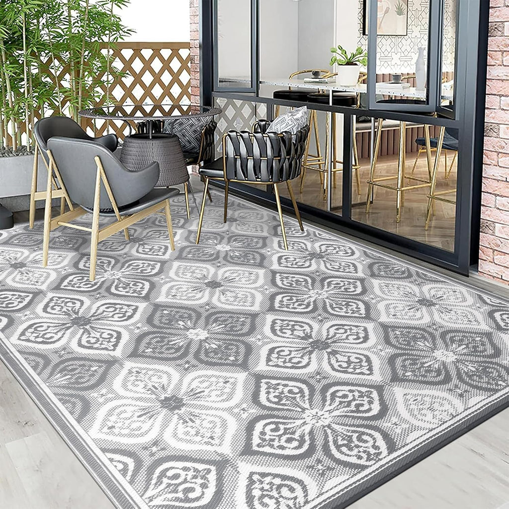 Pauwer Waterproof Outdoor Rug 9x12, Reversible Plastic Straw Patio Camping Rug, Indoor Outdoor RV Mat Carpet for Deck, Camper, Porch, Balcony, Backyard, Picnic, Clover Grey