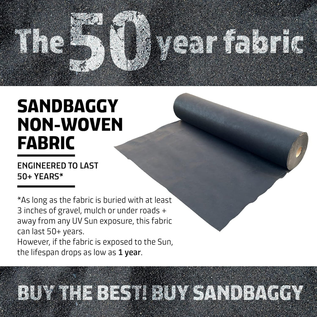 Sandbaggy Geotextile Pond Underlayment Fabric | Made in USA | 8 oz, 6 ft x 50 ft, Black, Non Woven Polypropylene, Protects Pond Liner, 205 lbs Tensile Strength, 50+ Year Life