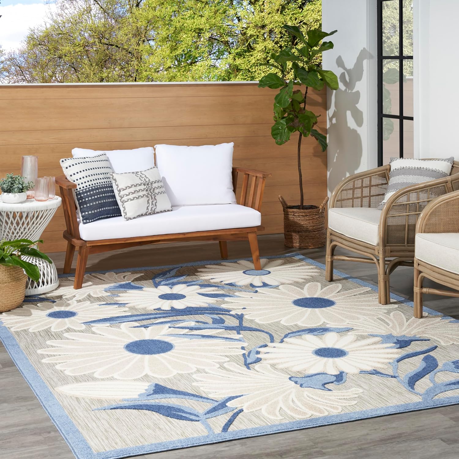 Nourison Home Aloha Indoor/Outdoor Blue/Grey 6' x 9' Area Rug, Easy Cleaning, Non Shedding, Bed Room, Living Room, Dining Room, Kitchen (6x9)