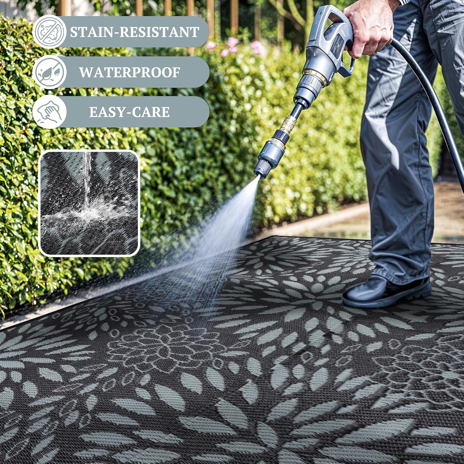 8'x10' Reversible Outdoor Rug - Eco-Friendly Plastic Straw Rug-Heavy-Duty Waterproof Mat, UV & Fade Resistant for Patio, Camping, RV, Deck, Balcony(8x10,Black&Floral)