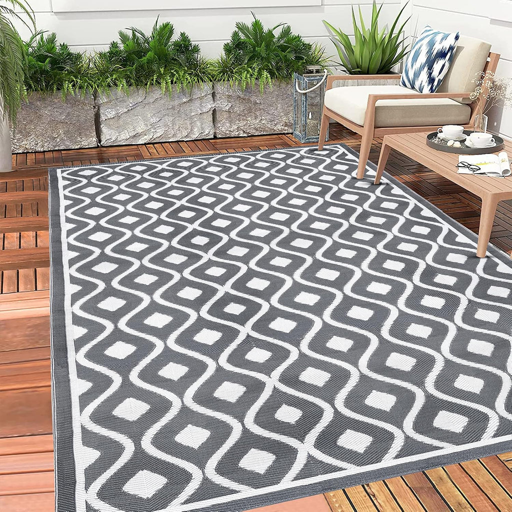 Pauwer Waterproof Outdoor Rug 6x9, Reversible Plastic Straw Patio Camping Rug, Indoor Outdoor RV Mat Carpet for Deck, Camper, Porch, Balcony, Backyard, Picnic, Geometric Grey