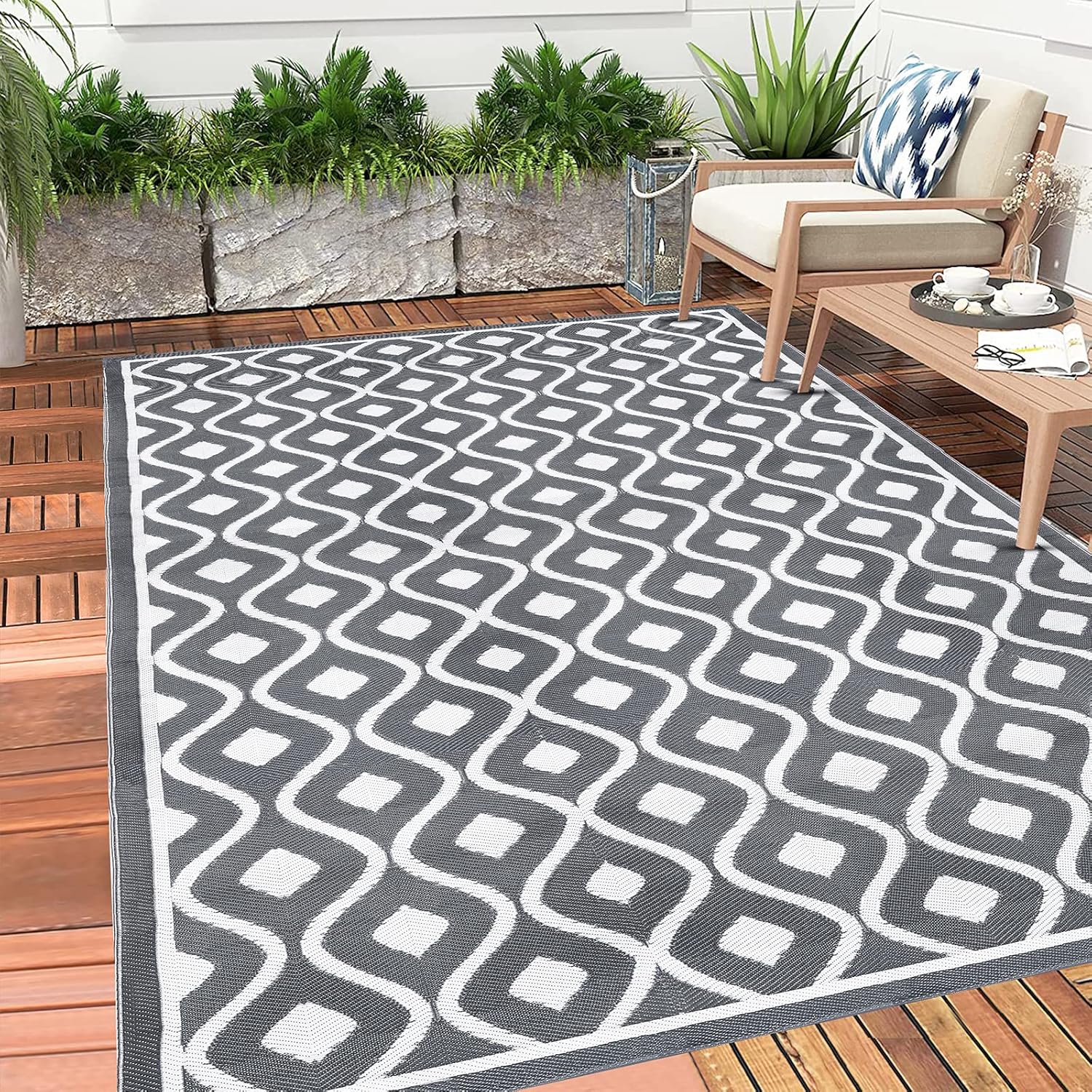 Pauwer Waterproof Outdoor Rug 6x9, Reversible Plastic Straw Patio Camping Rug, Indoor Outdoor RV Mat Carpet for Deck, Camper, Porch, Balcony, Backyard, Picnic, Geometric Grey