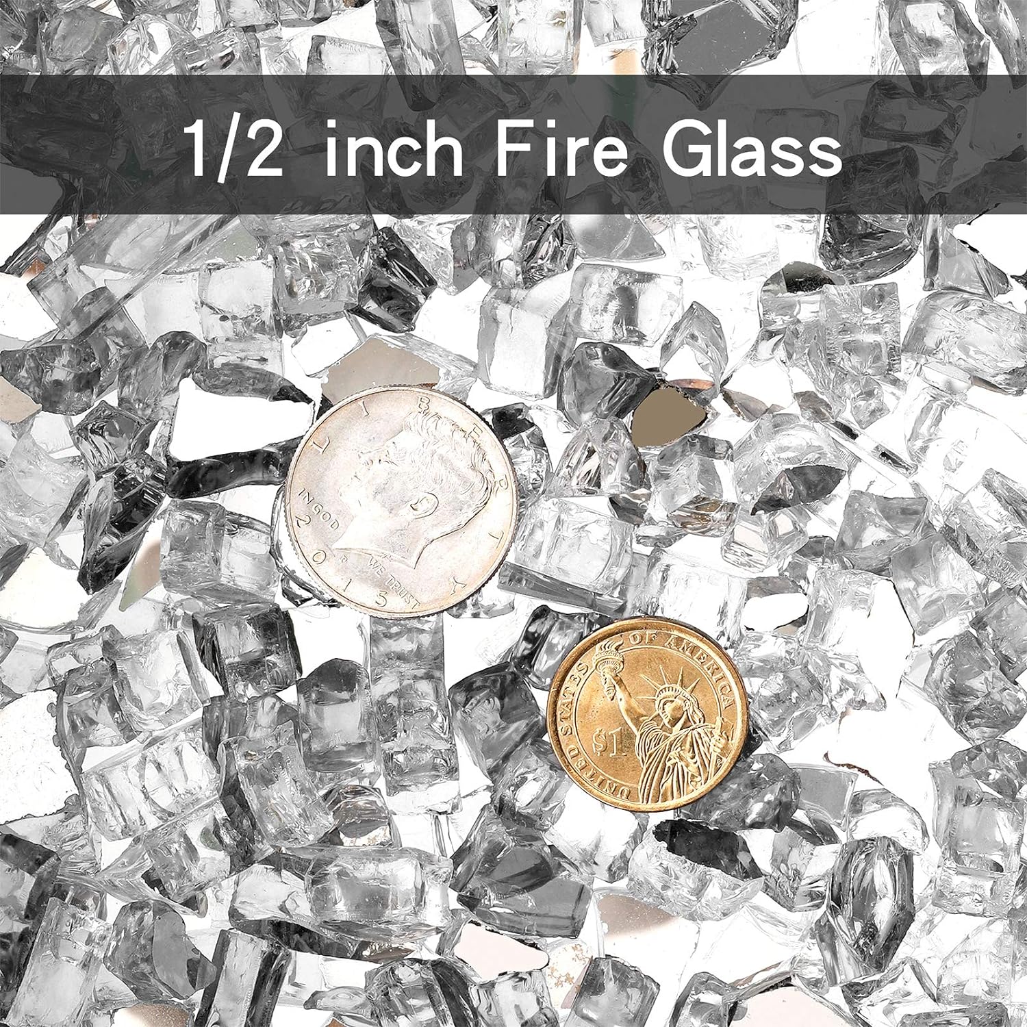 Mr. Fireglass 10 Pounds Fire Glass - 1/2 Inch High Luster Reflective Tempered Glass Rocks for Fireplace Fire Pit Table and Landscaping, Platinum