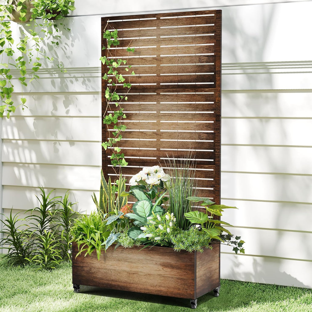 Raised Garden Bed with Trellis and Wheels,73"x35"x16" Metal Raised Garden Bed,Vintage Wood Finish Metal Planter with Climbing Trellis for Vines & Vegetables