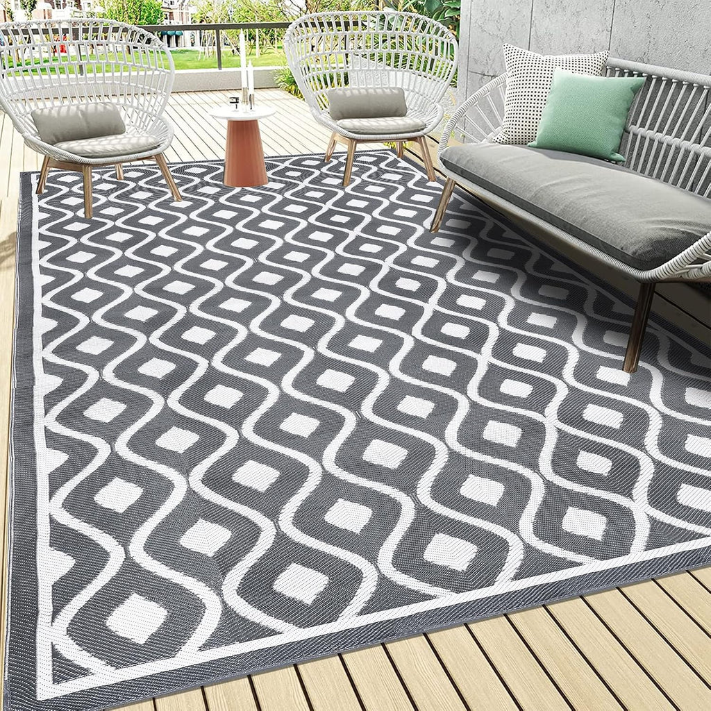 Pauwer Waterproof Outdoor Rug 6x9, Reversible Plastic Straw Patio Camping Rug, Indoor Outdoor RV Mat Carpet for Deck, Camper, Porch, Balcony, Backyard, Picnic, Geometric Grey