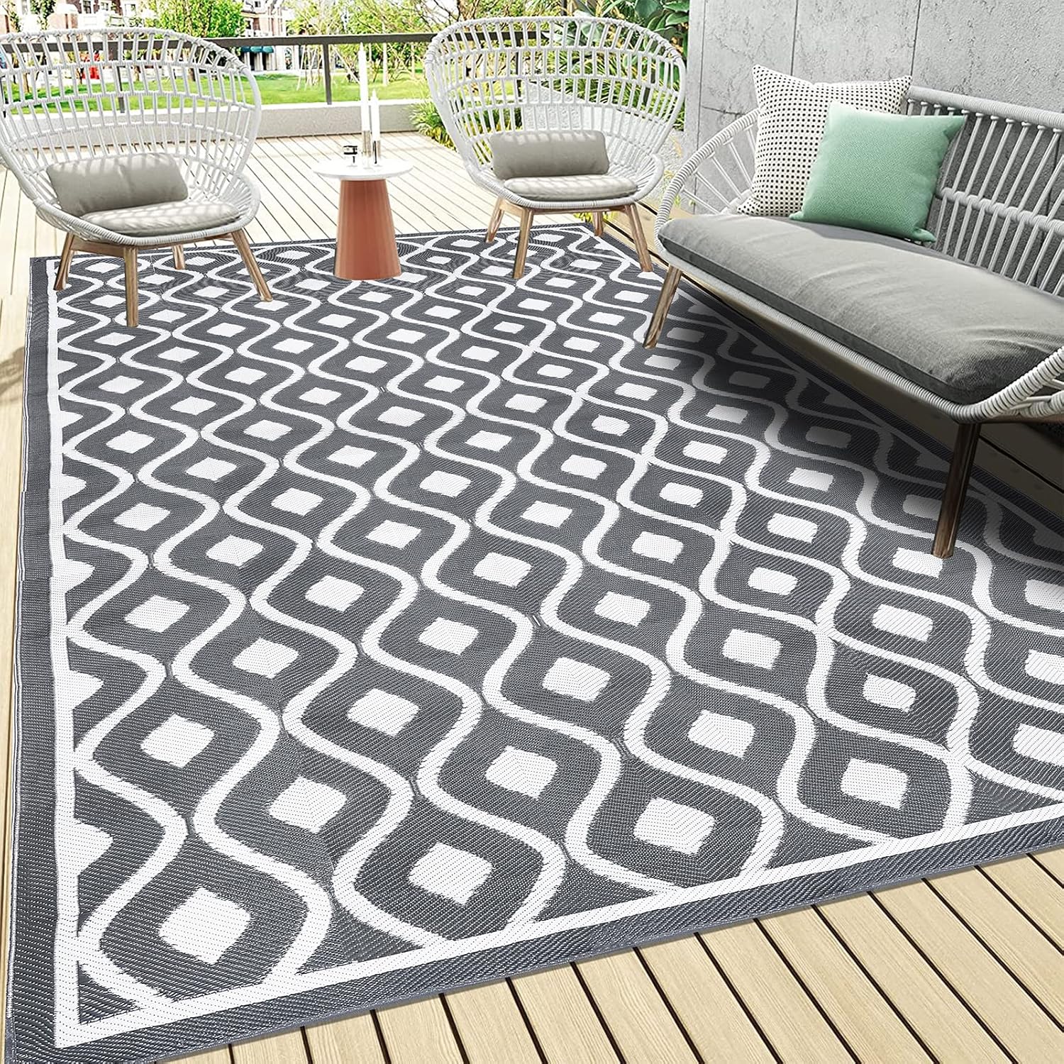 Pauwer Waterproof Outdoor Rug 6x9, Reversible Plastic Straw Patio Camping Rug, Indoor Outdoor RV Mat Carpet for Deck, Camper, Porch, Balcony, Backyard, Picnic, Geometric Grey