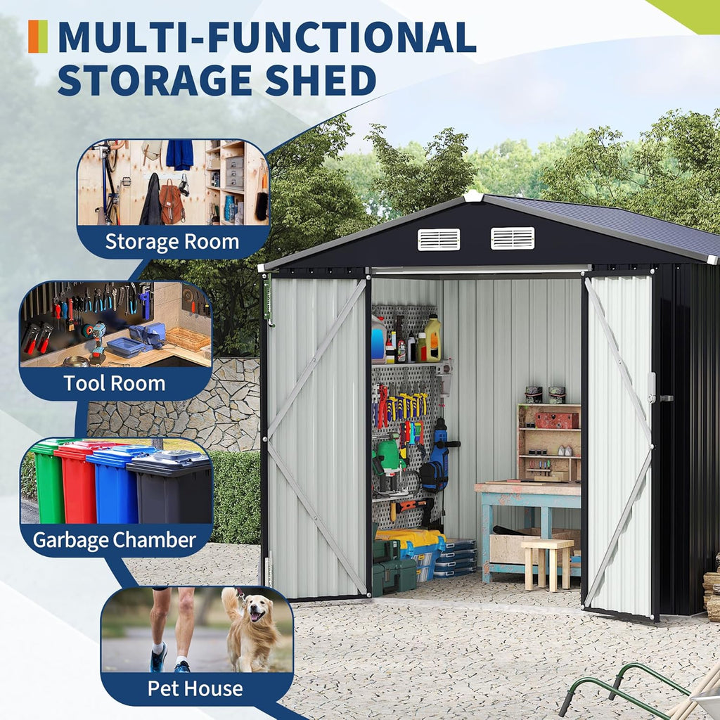 6x8 FT Metal Storage Sheds Outdoor with Floor, Metal Yard Sheds Garden Shed Kit, MetalTool Shed with Lockable Door, Metals UtilitySheds Buildings with Air Vent for Backyard Garden Patio Lawn