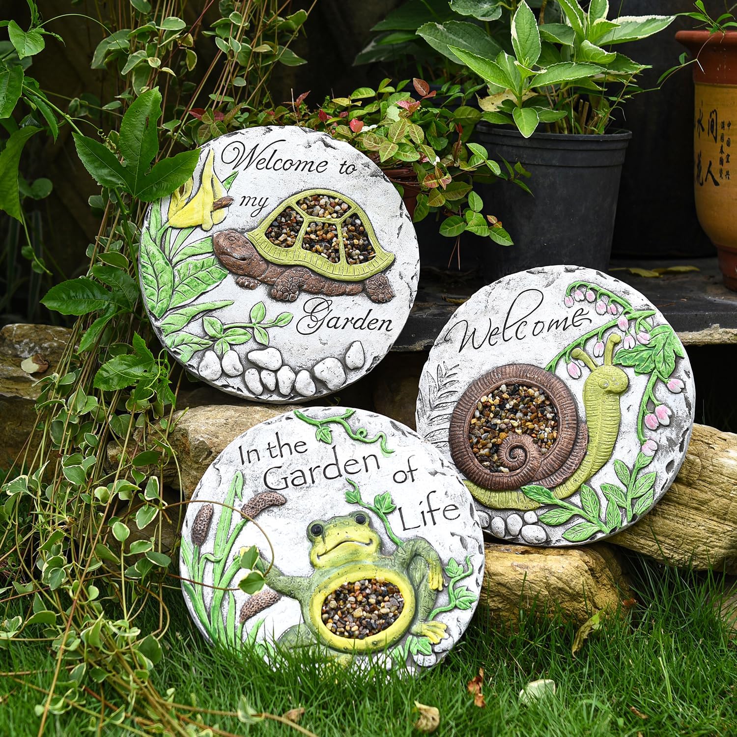 Sungmor 3PC Pretty Garden Stepping Stones, 9.8" Large Concrete Decorative Stones with Beautiful Pattern, Unique Outdoor Lawn Accents, Yard Walkway Flower Bed Wall Shelf Welcome Friends Decorations