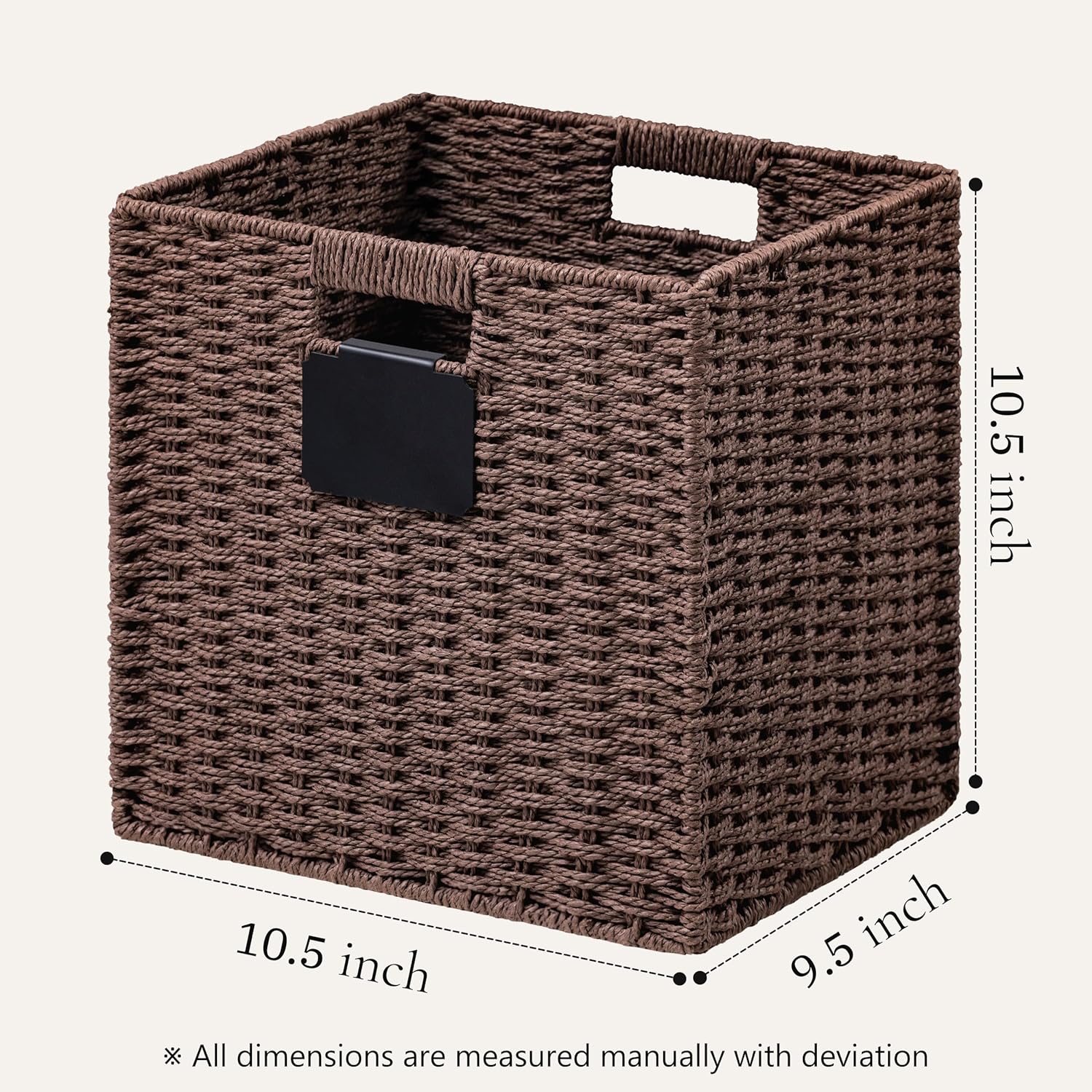 UBBCARE 4 Pack Wicker Basket, 10.5×10.5 Storage Cubes with Label, Foldable Cube Storage Bin with Handle, Square Storage Basket for Shelves, Woven Paper Rope Basket for Organizing, Brown
